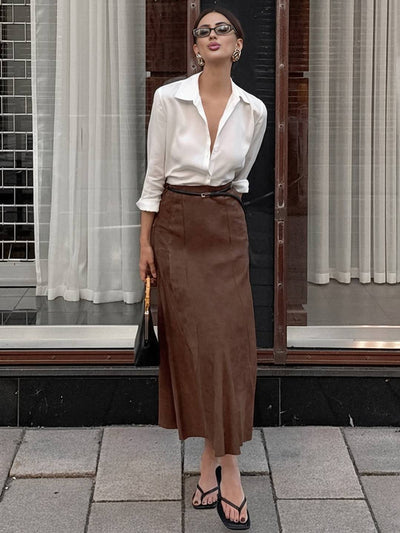 Cocolii longue jupe femme en daim synthétique jupe maxi évasée taille haute style rétro élégant pour automne hiver