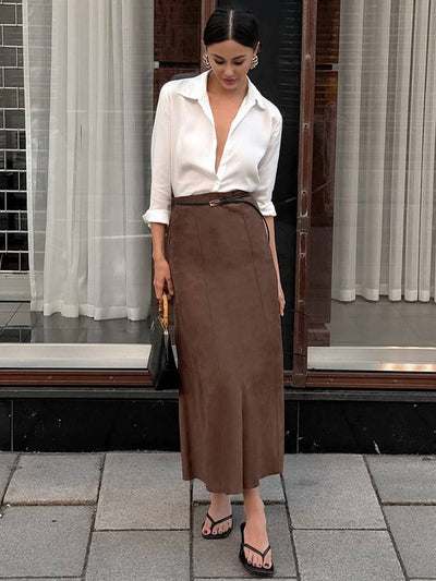 Cocolii longue jupe femme en daim synthétique jupe maxi évasée taille haute style rétro élégant pour automne hiver