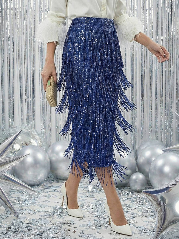 Cocolii longue jupe moulante à frange et brillante paillette femme élégant mode vintage de soirée mariage et fêtes