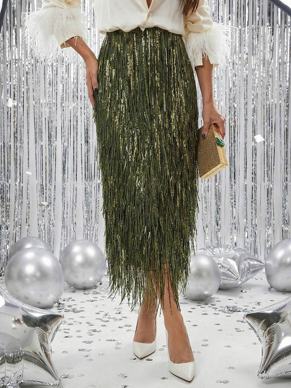 Cocolii longue jupe moulante à frange et brillante paillette femme élégant mode vintage de soirée mariage et fêtes