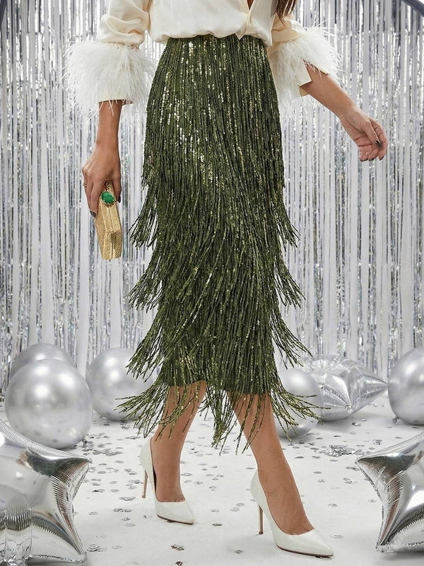 Cocolii longue jupe moulante à frange et brillante paillette femme élégant mode vintage de soirée mariage et fêtes