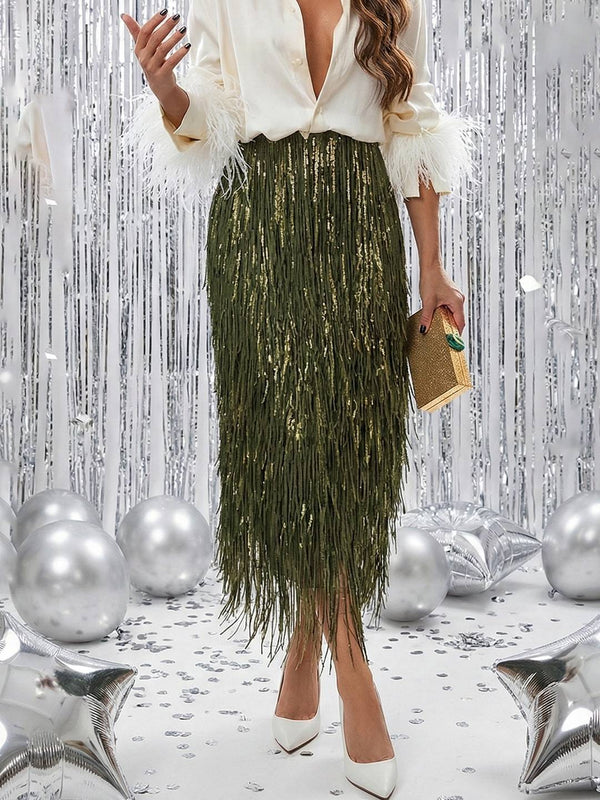 Cocolii longue jupe moulante à frange et brillante paillette femme élégant mode vintage de soirée mariage et fêtes