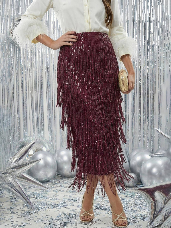 Cocolii longue jupe moulante à frange et brillante paillette femme élégant mode vintage de soirée mariage et fêtes