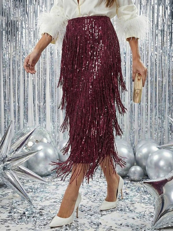 Cocolii longue jupe moulante à frange et brillante paillette femme élégant mode vintage de soirée mariage et fêtes