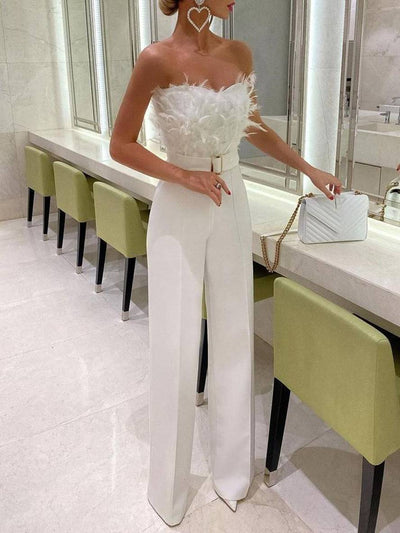 Cocolii combinaison tube à jambe droite bustier avec plumes élégant femme blanche