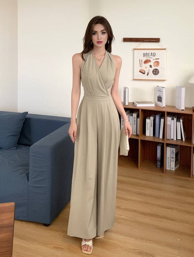 Cocolii combinaisons larges jambes évasé unicolore dos nu v-cou sans manches femme casual élégant décontracté