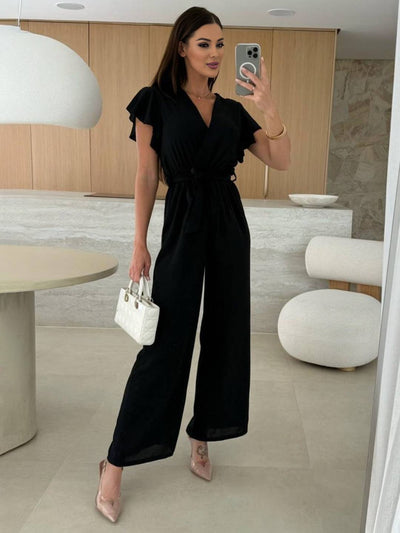 Cocolii combinaisons larges jambes évasé unicolore v-cou ceinture volants superposés femme décontracté