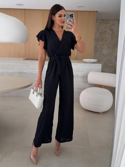 Cocolii combinaisons larges jambes évasé unicolore v-cou ceinture volants superposés femme décontracté