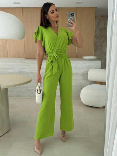 Cocolii combinaisons larges jambes évasé unicolore v-cou ceinture volants superposés femme décontracté