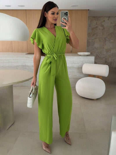 Cocolii combinaisons larges jambes évasé unicolore v-cou ceinture volants superposés femme décontracté
