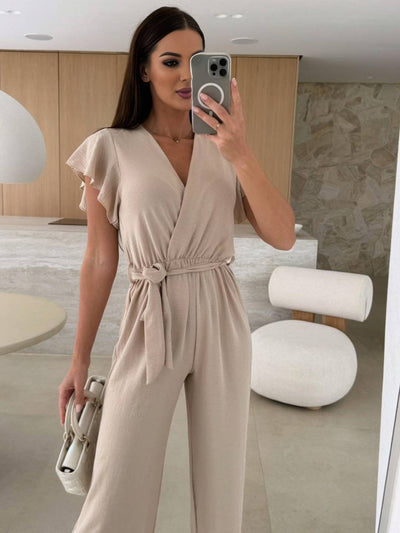 Cocolii combinaisons larges jambes évasé unicolore v-cou ceinture volants superposés femme décontracté