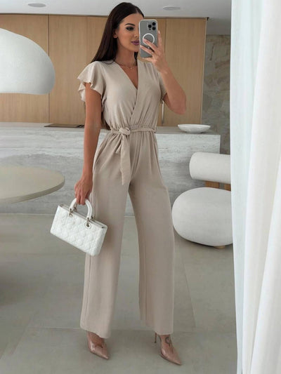 Cocolii combinaisons larges jambes évasé unicolore v-cou ceinture volants superposés femme décontracté