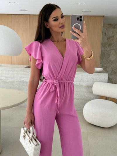 Cocolii combinaisons larges jambes évasé unicolore v-cou ceinture volants superposés femme décontracté