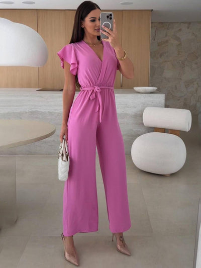 Cocolii combinaisons larges jambes évasé unicolore v-cou ceinture volants superposés femme décontracté