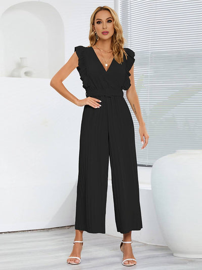 Cocolii combinaisons larges jambes évasé v-cou à volantée plissé ceinture sans manches femme élégant bohème décontracté