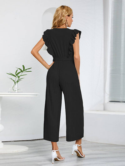 Cocolii combinaisons larges jambes évasé v-cou à volantée plissé ceinture sans manches femme élégant bohème décontracté