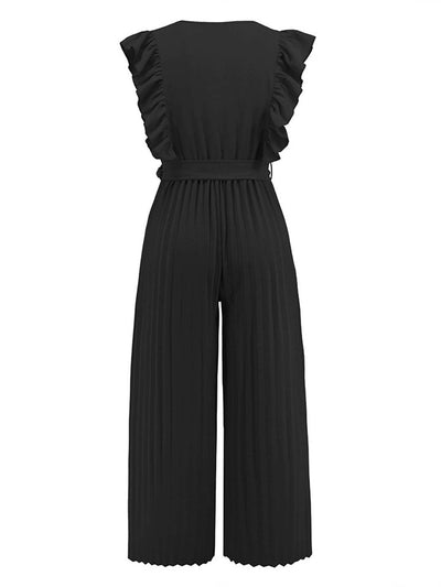Cocolii combinaisons larges jambes évasé v-cou à volantée plissé ceinture sans manches femme élégant bohème décontracté