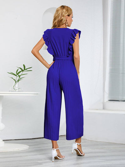 Cocolii combinaisons larges jambes évasé v-cou à volantée plissé ceinture sans manches femme élégant bohème décontracté