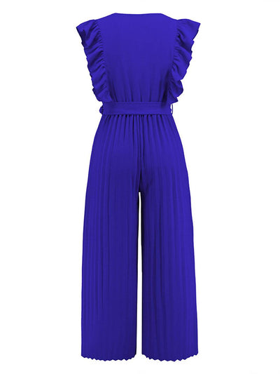 Cocolii combinaisons larges jambes évasé v-cou à volantée plissé ceinture sans manches femme élégant bohème décontracté