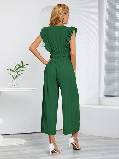 Cocolii combinaisons larges jambes évasé v-cou à volantée plissé ceinture sans manches femme élégant bohème décontracté