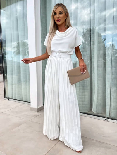 Cocolii combinaisons larges jambes évasé col bénitier plissé ceinture manches courtes femme casual simple décontracté