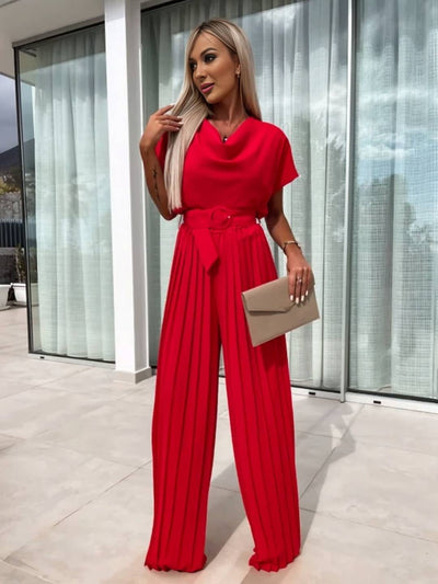 Cocolii combinaisons larges jambes évasé col bénitier plissé ceinture manches courtes femme casual simple décontracté