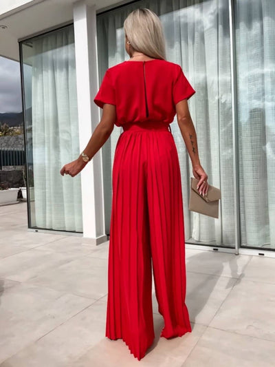 Cocolii combinaisons larges jambes évasé col bénitier plissé ceinture manches courtes femme casual simple décontracté