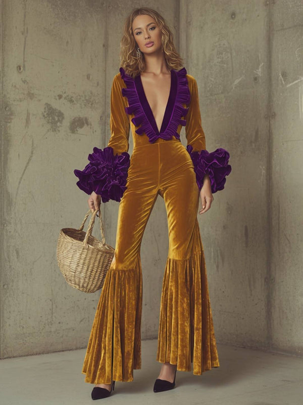 Cocolii combinaison femme velours vintage col v volants violets pantalon évasé or moutarde style rétro 70s chic soirée