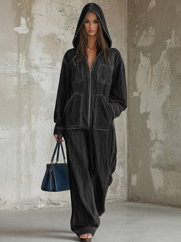 Cocolii combinaisons en jean femme à capuche poches manches longues pantalon larges jambes évasé décontracté streetwear
