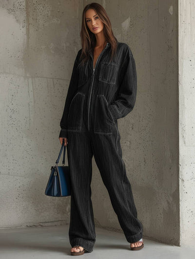 Cocolii combinaisons en jean femme à capuche poches manches longues pantalon larges jambes évasé décontracté streetwear