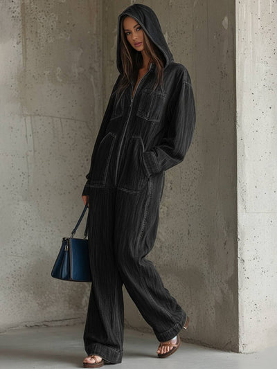 Cocolii combinaisons en jean femme à capuche poches manches longues pantalon larges jambes évasé décontracté streetwear