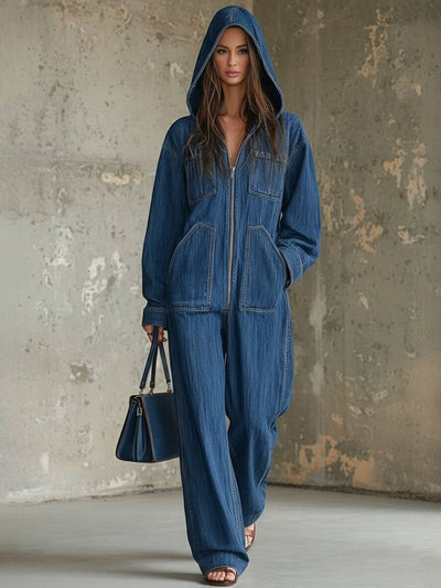 Cocolii combinaisons en jean femme à capuche poches manches longues pantalon larges jambes évasé décontracté streetwear