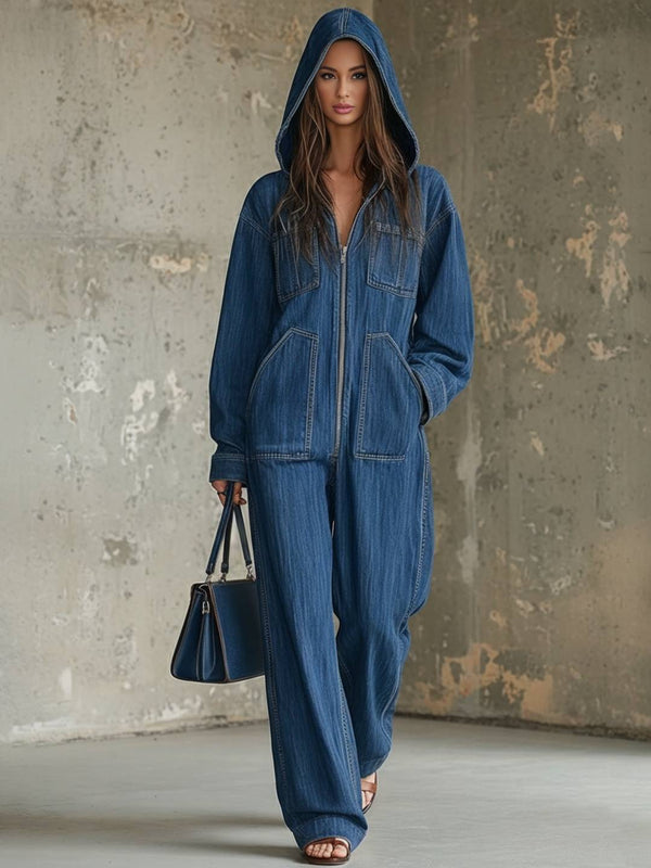 Cocolii combinaisons en jean femme à capuche poches manches longues pantalon larges jambes évasé décontracté streetwear