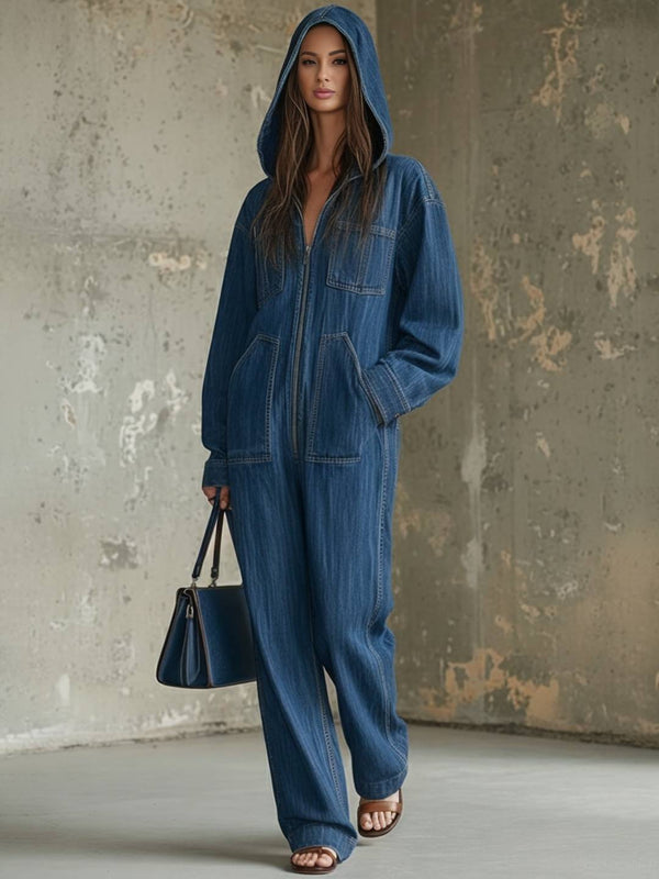 Cocolii combinaisons en jean femme à capuche poches manches longues pantalon larges jambes évasé décontracté streetwear