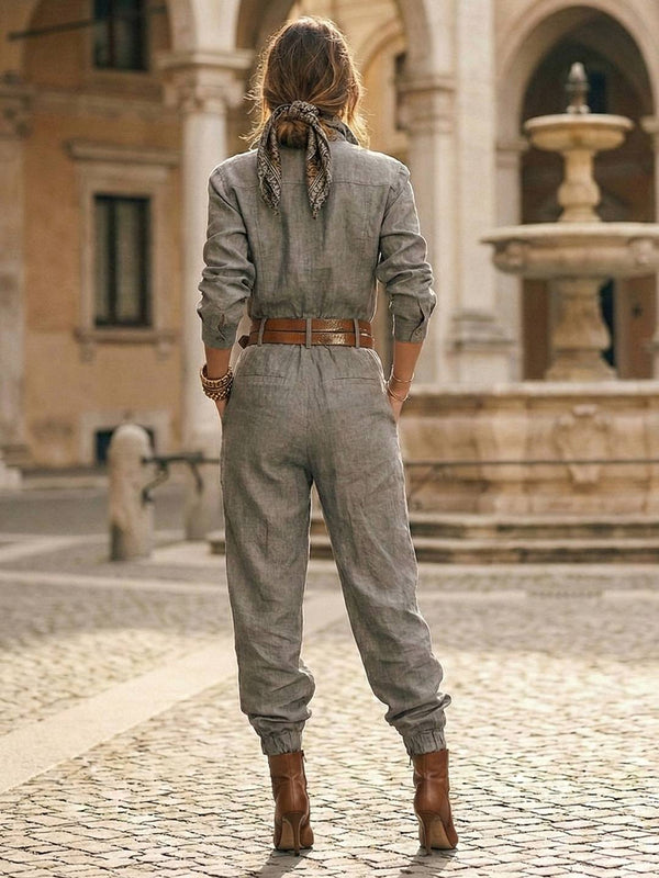 Cocolii combinaisons en lin boutonnage col chemise manches longues femme élégant décontracté vintage pantalon