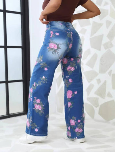 Cocolii jeans fleurie coton taille haute femme élégant décontracté mode casual