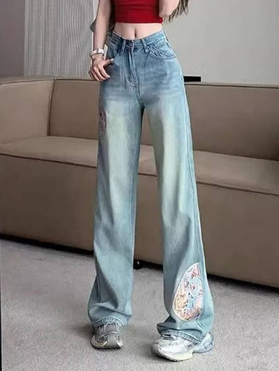 Cocolii jeans larges jambes évasé droit brodée taille haute femme élégant décontracté mode casual