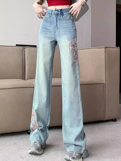 Cocolii jeans larges jambes évasé droit brodée taille haute femme élégant décontracté mode casual