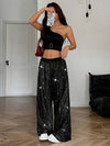 Cocolii pantalons larges jambes évasé femme brillante paillette taille élastique décontracté pour soirée noël
