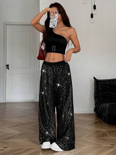 Cocolii pantalons larges jambes évasé femme brillante paillette taille élastique décontracté pour soirée noël