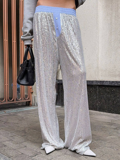 Cocolii pantalon larges jambes évasé femme brillante paillette taille élastique boutonnage décontracté pour soirée