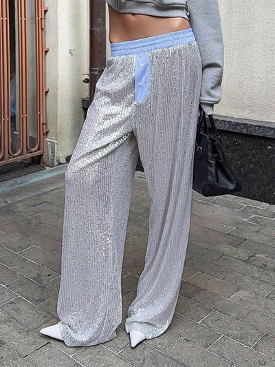 Cocolii pantalon larges jambes évasé femme brillante paillette taille élastique boutonnage décontracté pour soirée