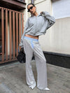 Cocolii pantalon larges jambes évasé femme brillante paillette taille élastique boutonnage décontracté pour soirée