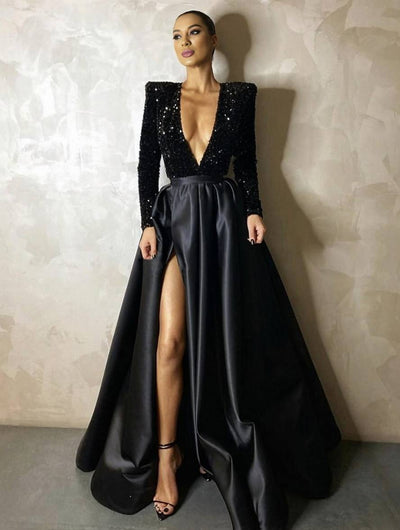 Cocolii robe longue brillante paillette fendu le côté v-cou manches longues femme élégant de soirée