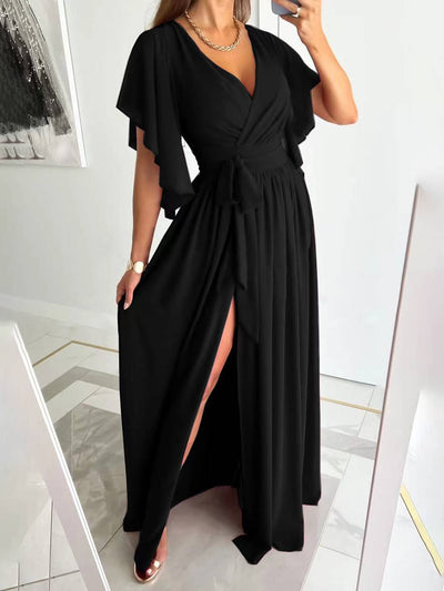Cocolii robe longue v-cou fendu le côté fluide ceinture manches courtes femme élégant de soirée bal de promo
