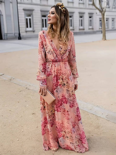 Cocolii robe longue imprimé à fleurie fluide v-cou sans manches femme décontracté rose