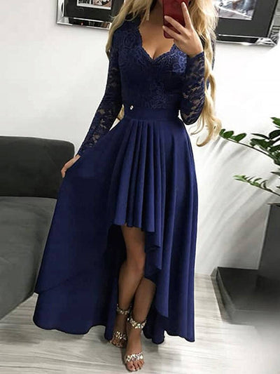 Cocolii robe longue avec dentelle court devant longue derriere trapèze v-cou manches longues femme élégant de cocktail