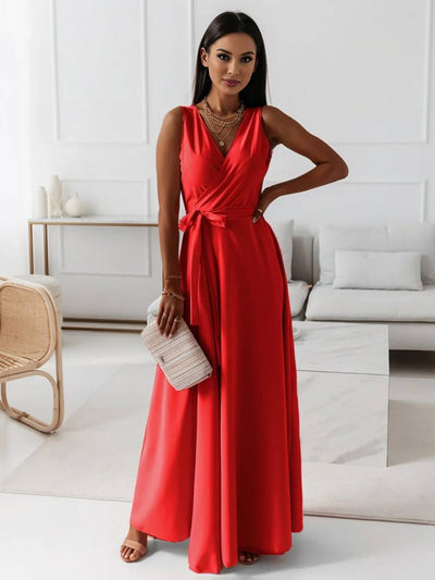 Cocolii robe longue bretelle v-cou fluide noeud papillon ceinture sans manches femme élégant bal de promo