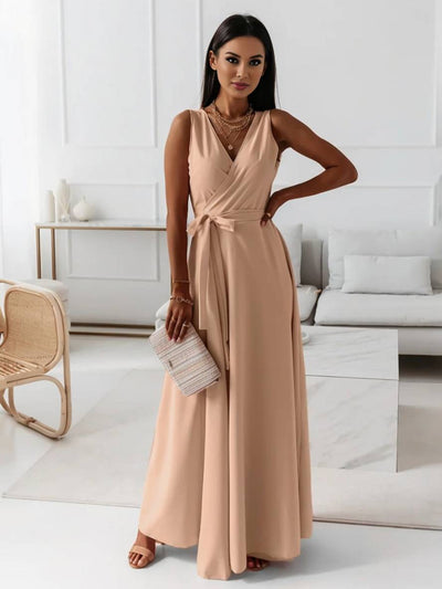 Cocolii robe longue bretelle v-cou fluide noeud papillon ceinture sans manches femme élégant bal de promo