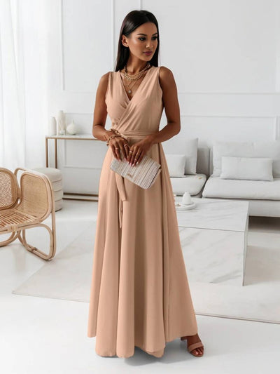 Cocolii robe longue bretelle v-cou fluide noeud papillon ceinture sans manches femme élégant bal de promo